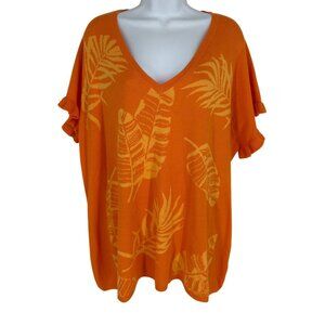 Susan Graver Orange Tropical Print Knit Top With V-Neck & Ruffle Sleeves Size 1X
